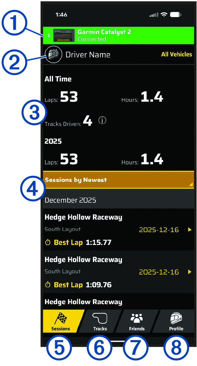 Screenshot of the Garmin Catalyst app main menu with callouts
