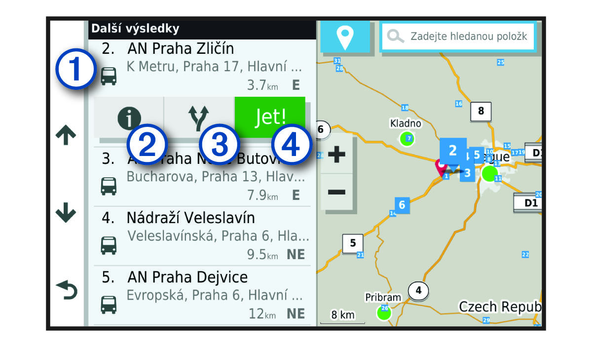 Výsledky vyhledávání polohy s popisky