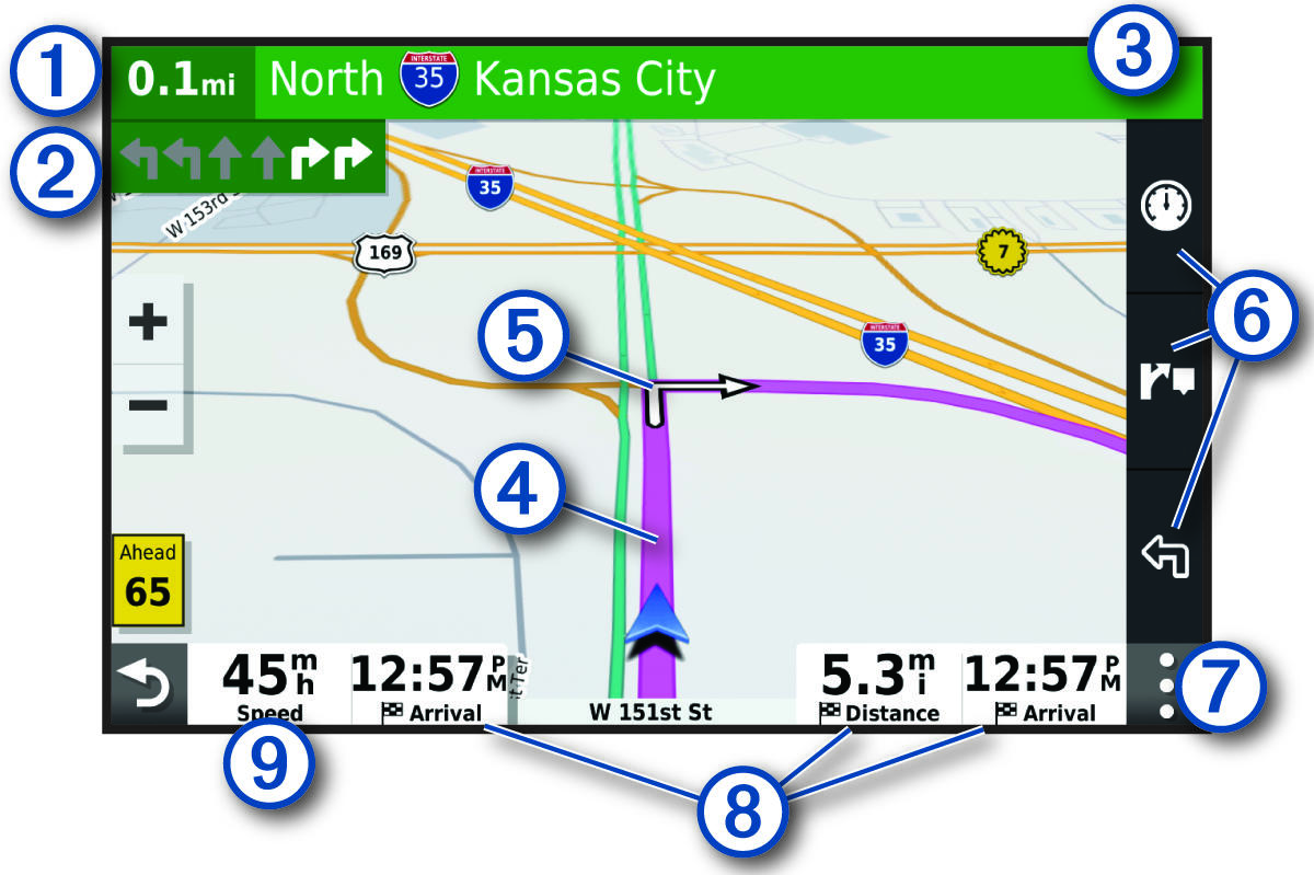 Aktive Route auf der Navigationskarte mit Beschriftungen