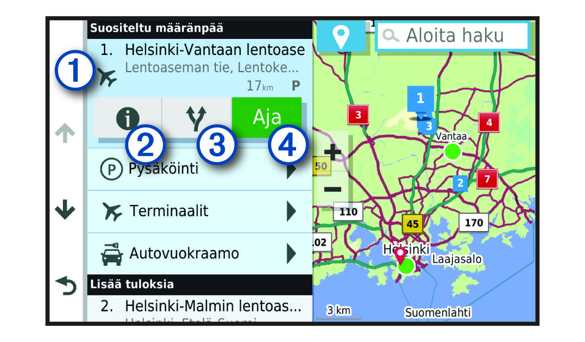 Sijaintihaun tulosluettelo ja numerot