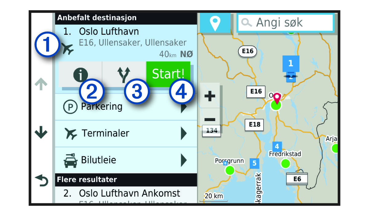 Liste over posisjonssøkeresultater med merknader