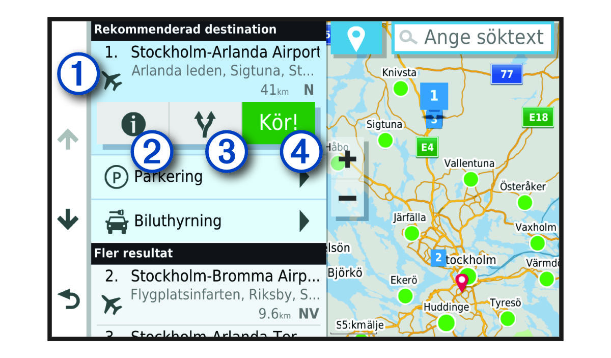 Lista med sökresultat för platser med bildtexter