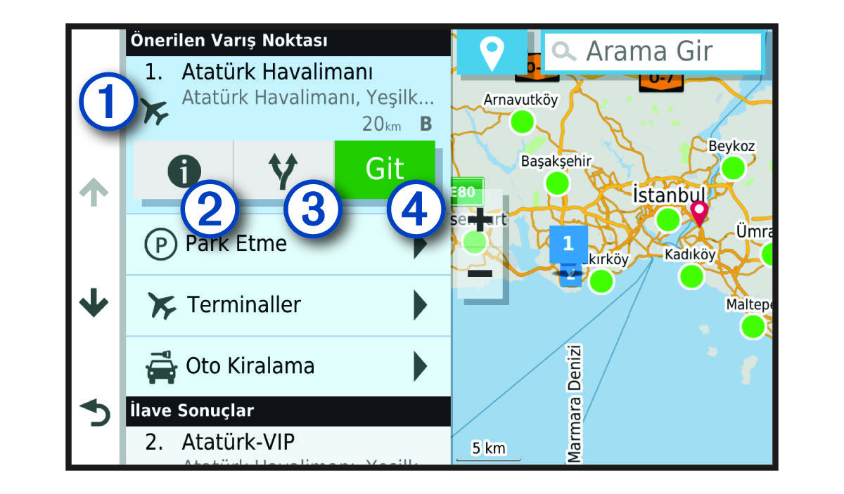 Açıklamalarla birlikte konum arama sonuçları listesi