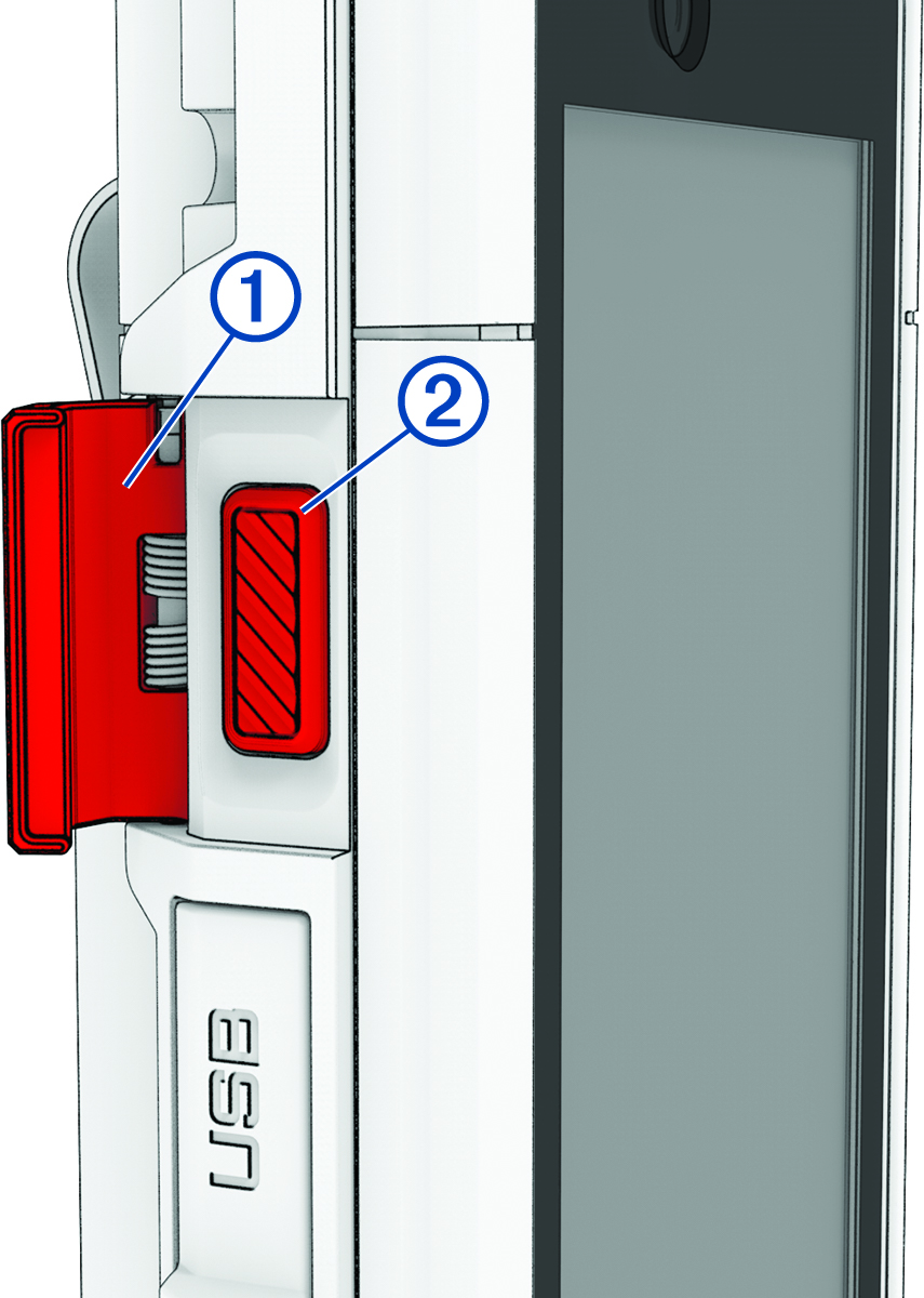 Close-up view of the SOS button and weathercap with callouts