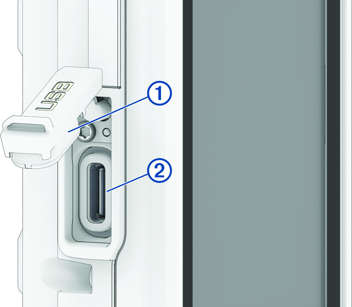 Close-up view of the charging port and weathercap with callouts