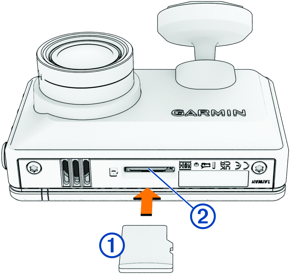 Memory card installation into the slot on the bottom of the camera with callouts