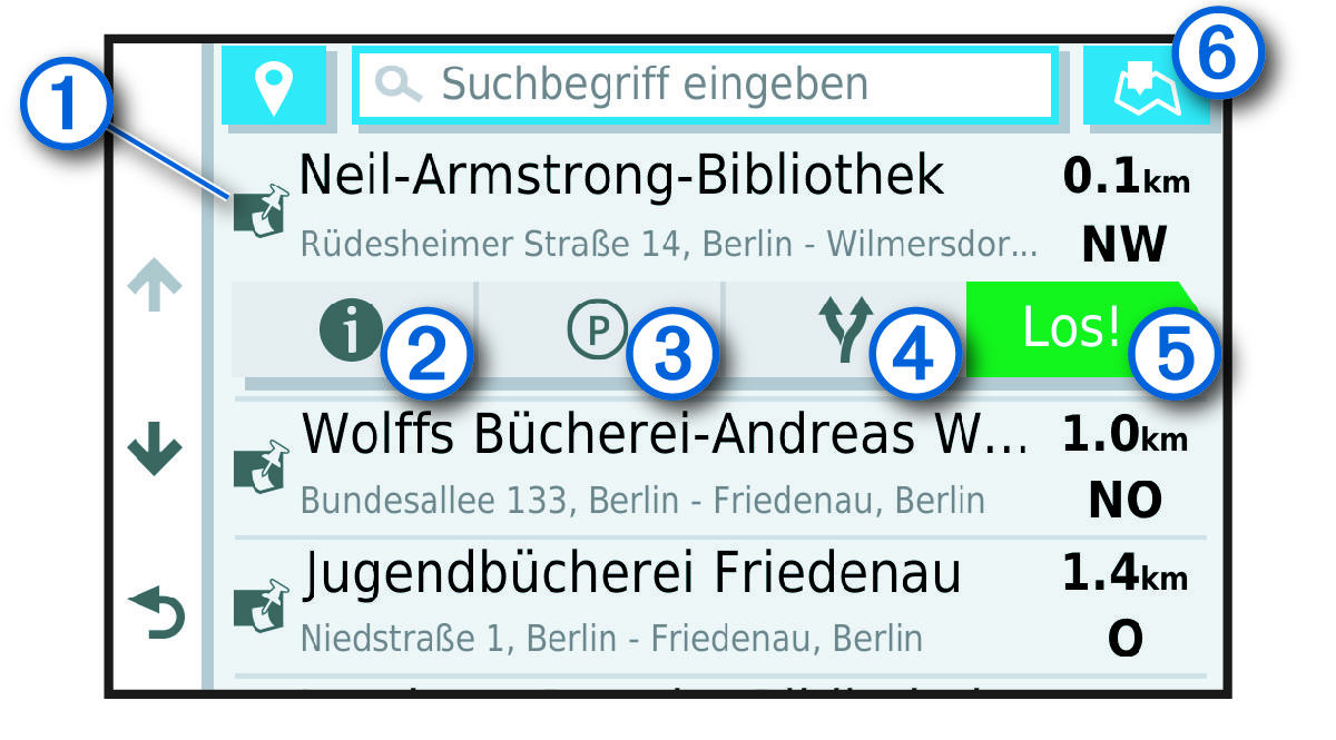 Ergebnisliste der Positionssuche mit Beschriftungen