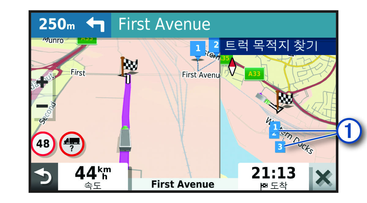 설명선이 있는 지도의 트럭 목적지 기능