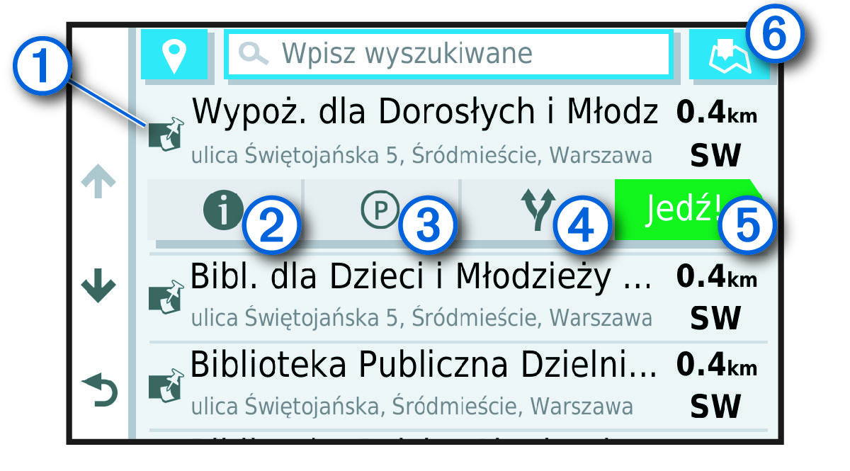Lista wyników wyszukiwania pozycji z objaśnieniami