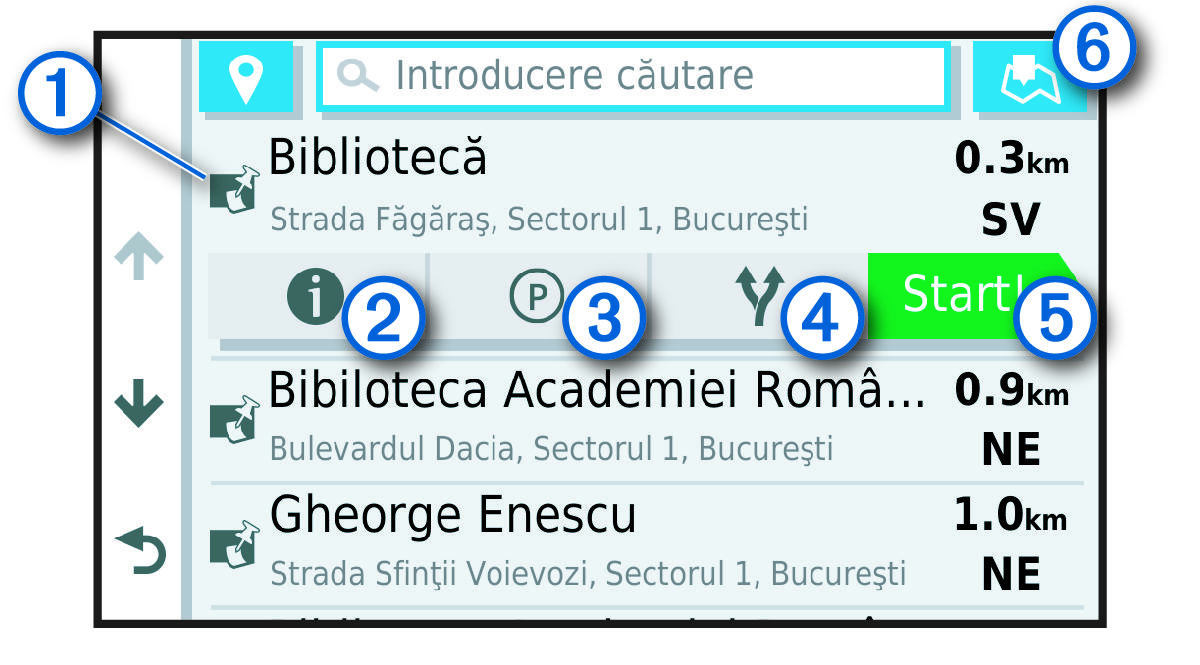 Listă cu rezultatele căutării unei locaţii, cu explicaţii