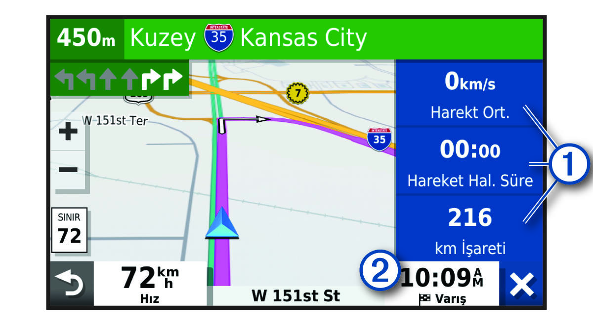 Açıklamalarla birlikte bir harita üzerindeki yolculuk veri alanları