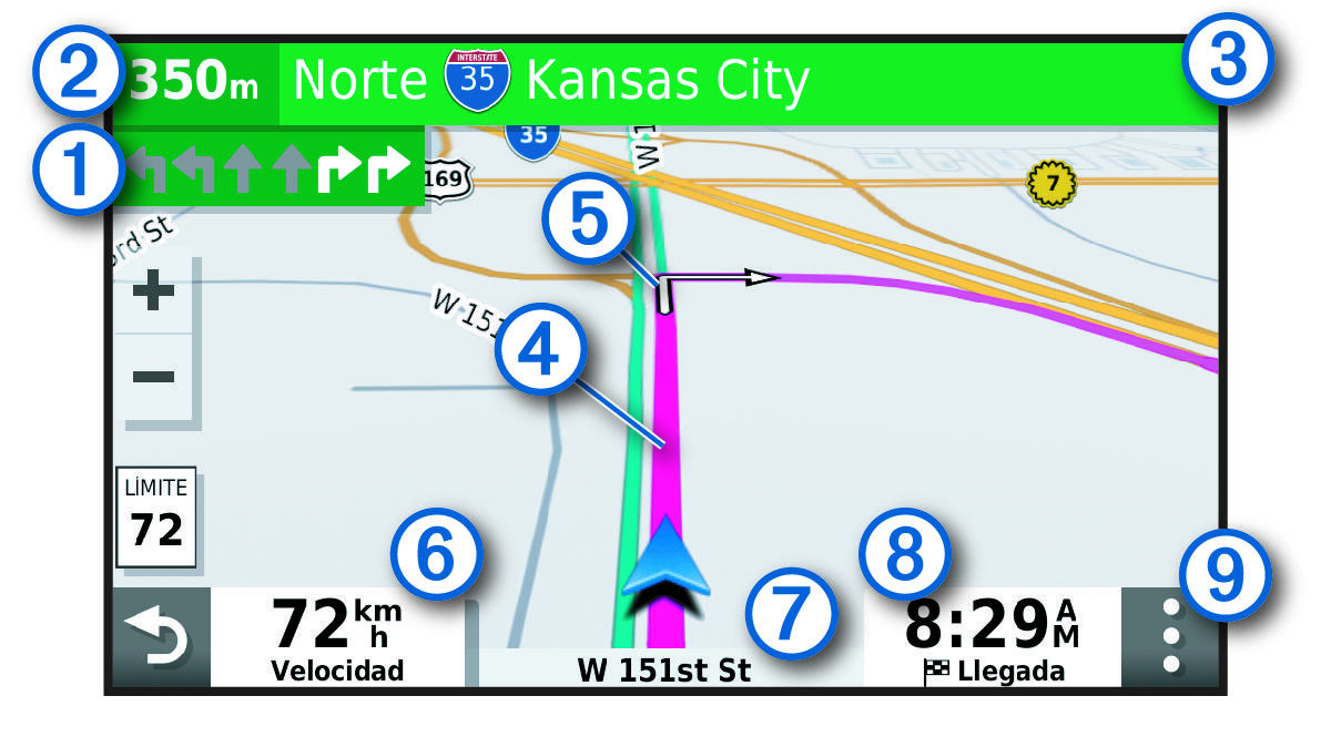 Active route on a navigation map with callouts