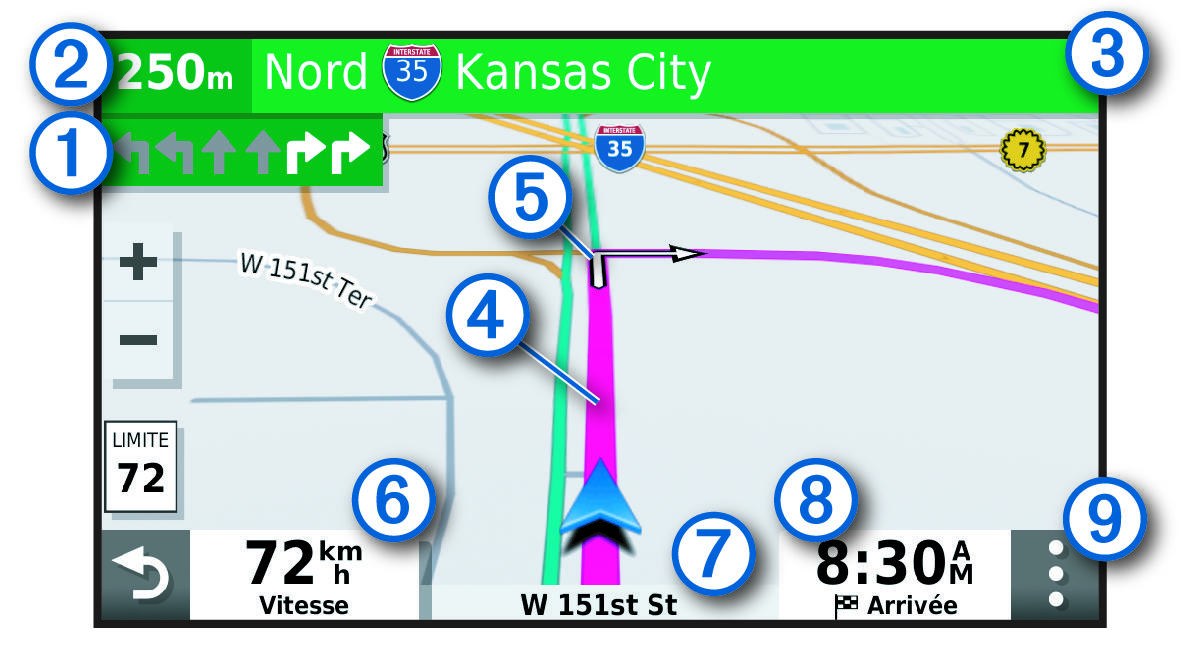 Active route on a navigation map with callouts