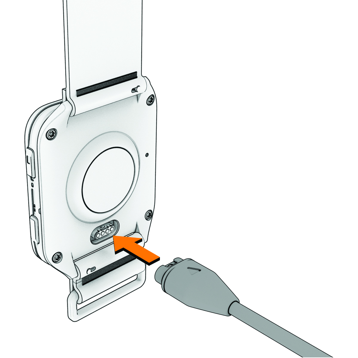 A készülék hátulnézete töltőkábellel