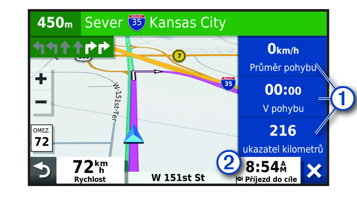 Datová pole trasy na mapě s popisky