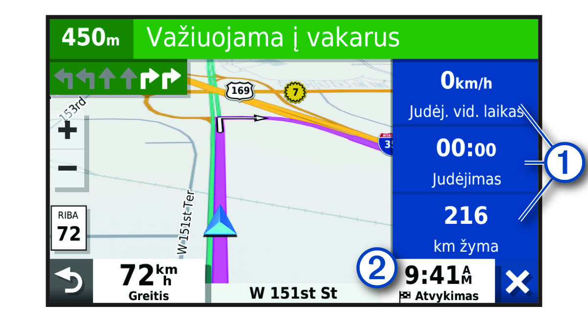 Kelionės duomenų laukeliai žemėlapyje, su išnašomis