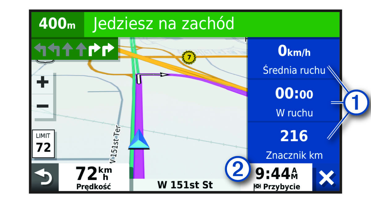 Pola danych trasy na mapie z objaśnieniami