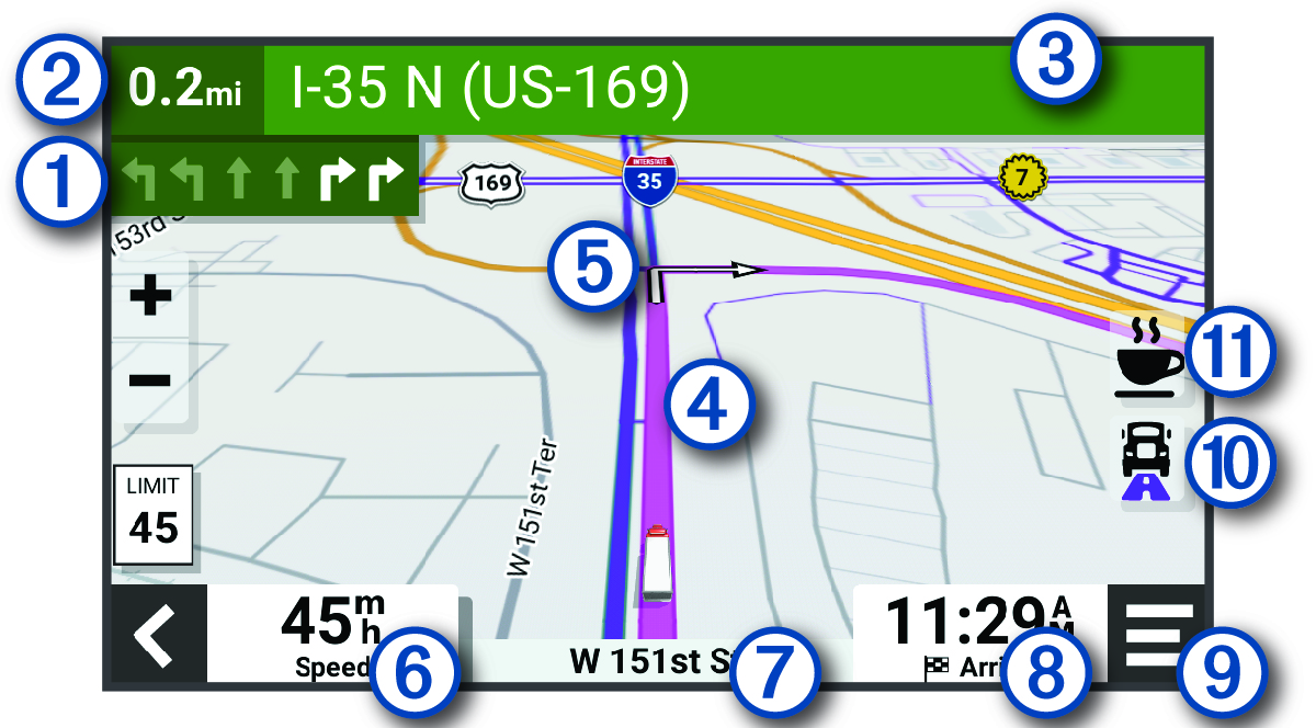 Aktív útvonal egy navigációs térképen, jelölésekkel