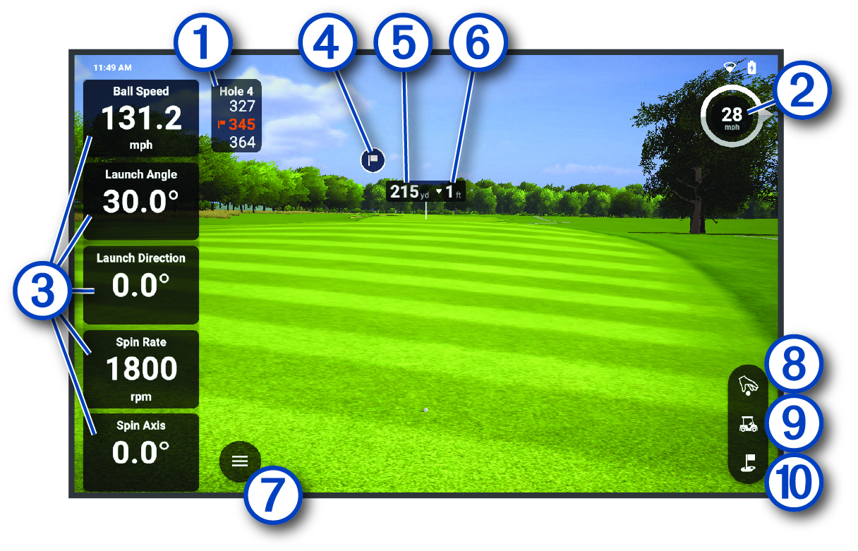 Screenshot of the on course practice home screen with callouts
