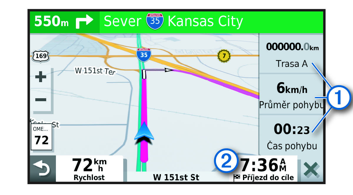 Datová pole trasy na mapě s popisky