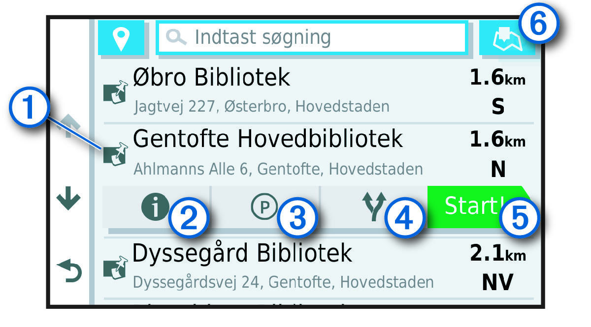 Liste over søgeresultater for sted med billedforklaringer