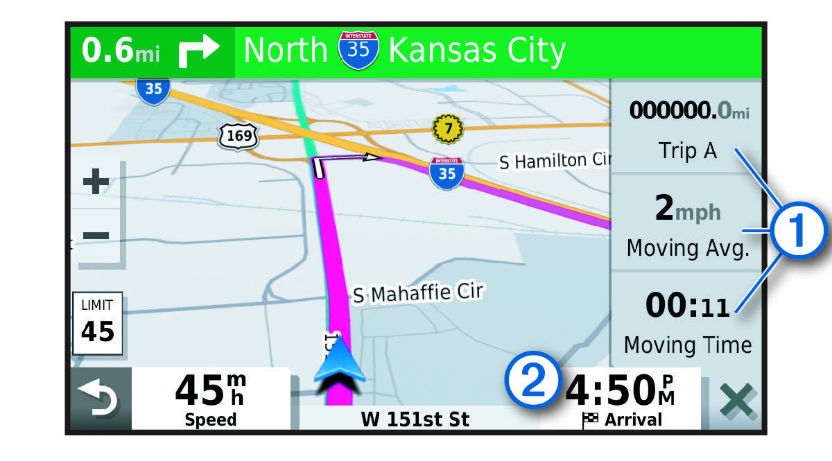 Trip data fields on the map with callouts
