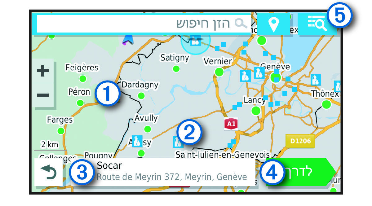 תוצאות חיפוש של מיקום על-גבי מפה עם הסברים
