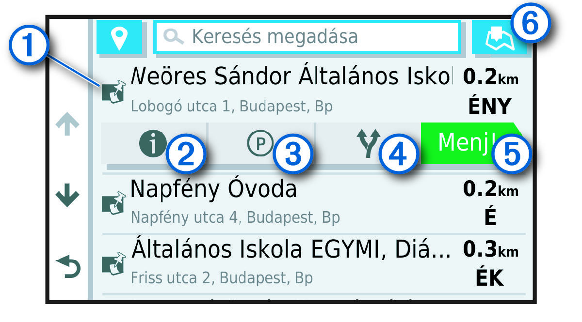 Helykeresési találatok listája, jelölésekkel