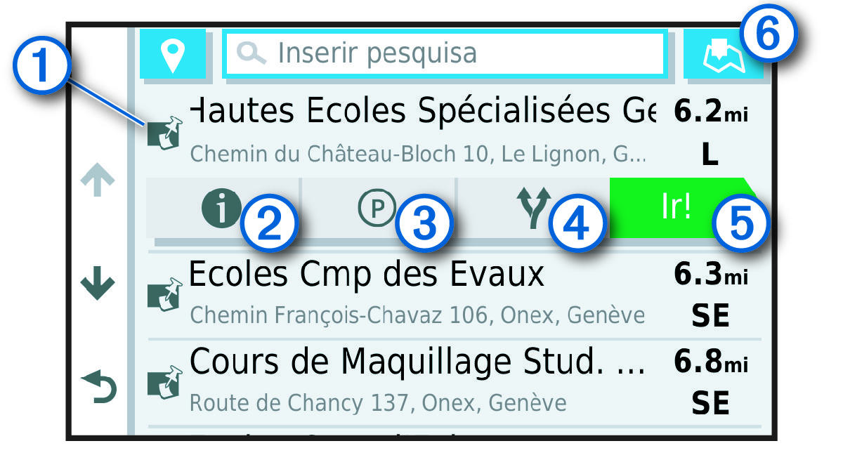 Lista de resultados da pesquisa de local com legenda