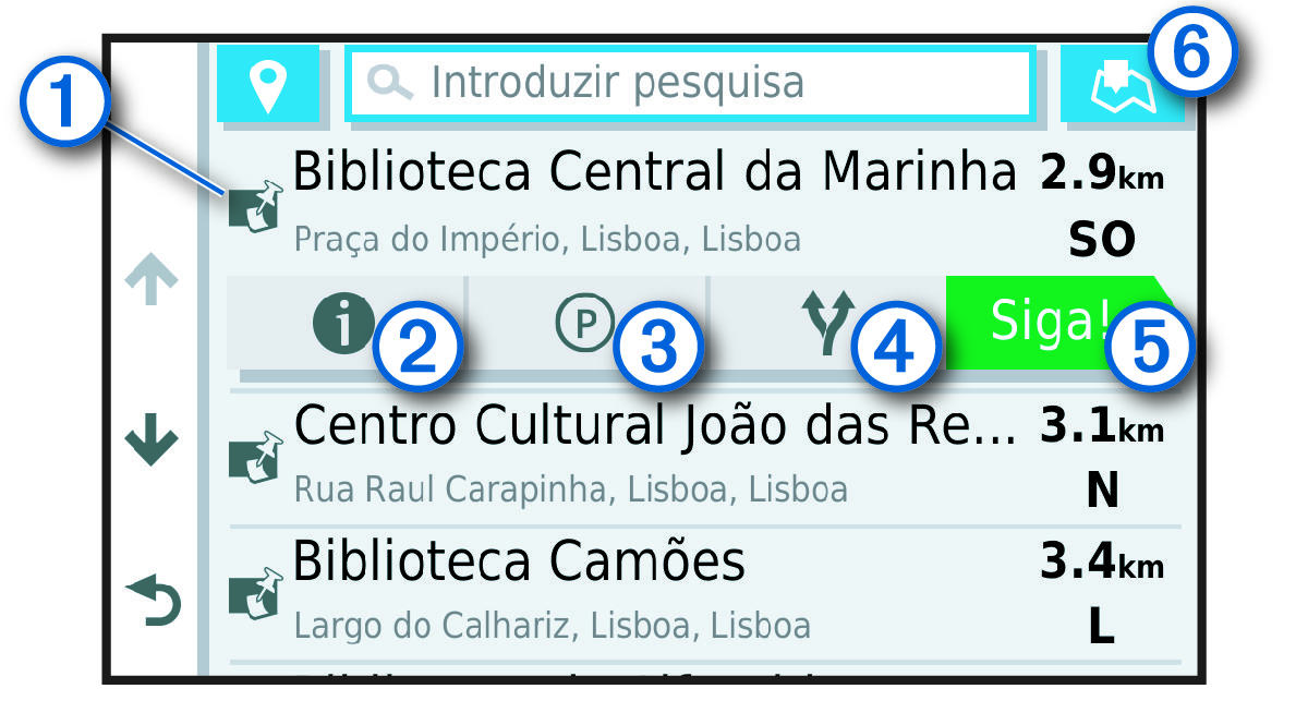 Lista de resultados de pesquisa de localizações com anotações