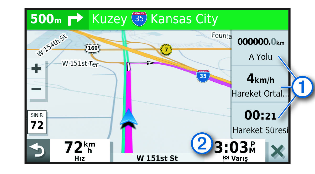 Açıklamalarla birlikte bir harita üzerindeki yolculuk veri alanları