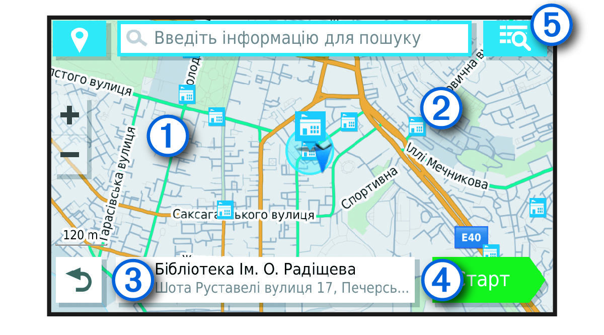 Результати пошуку об’єктів на карті, з позначеннями