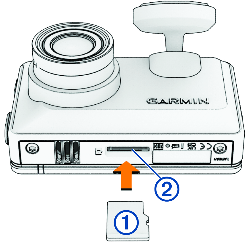 Memory card installation into the slot on the bottom of the camera with callouts