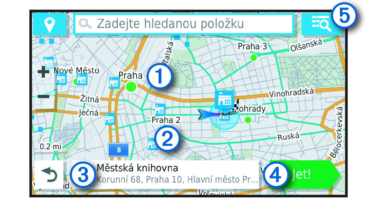 Výsledky vyhledávání polohy na mapě s popisky