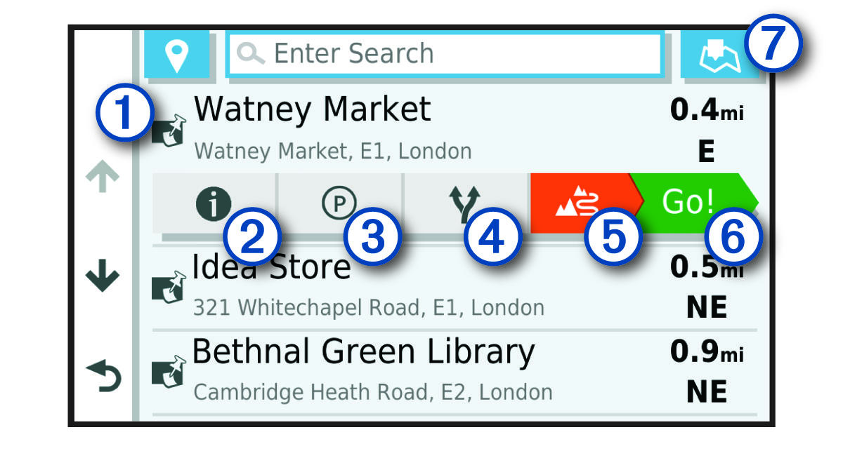 Location search results list with callouts