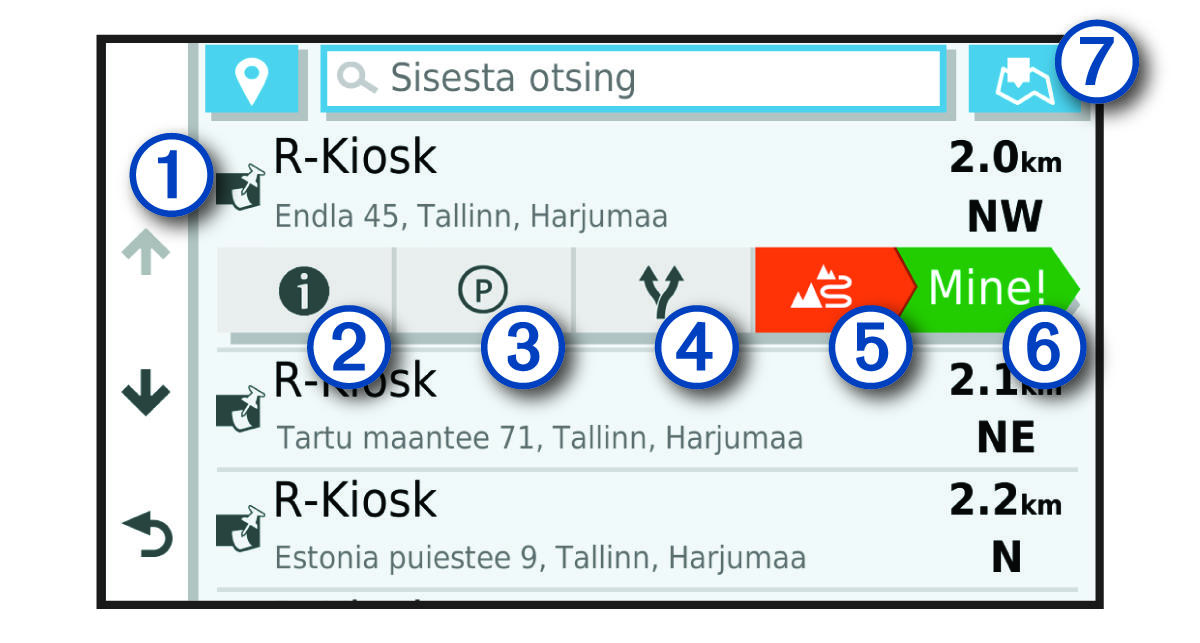 Asukoha otsingu tulemused koos tähistega
