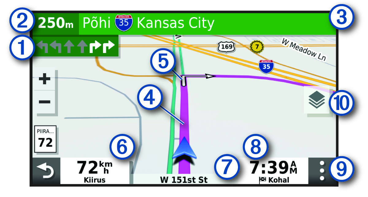 Aktiivne marsruut navigatsioonikaardil koos tähistega