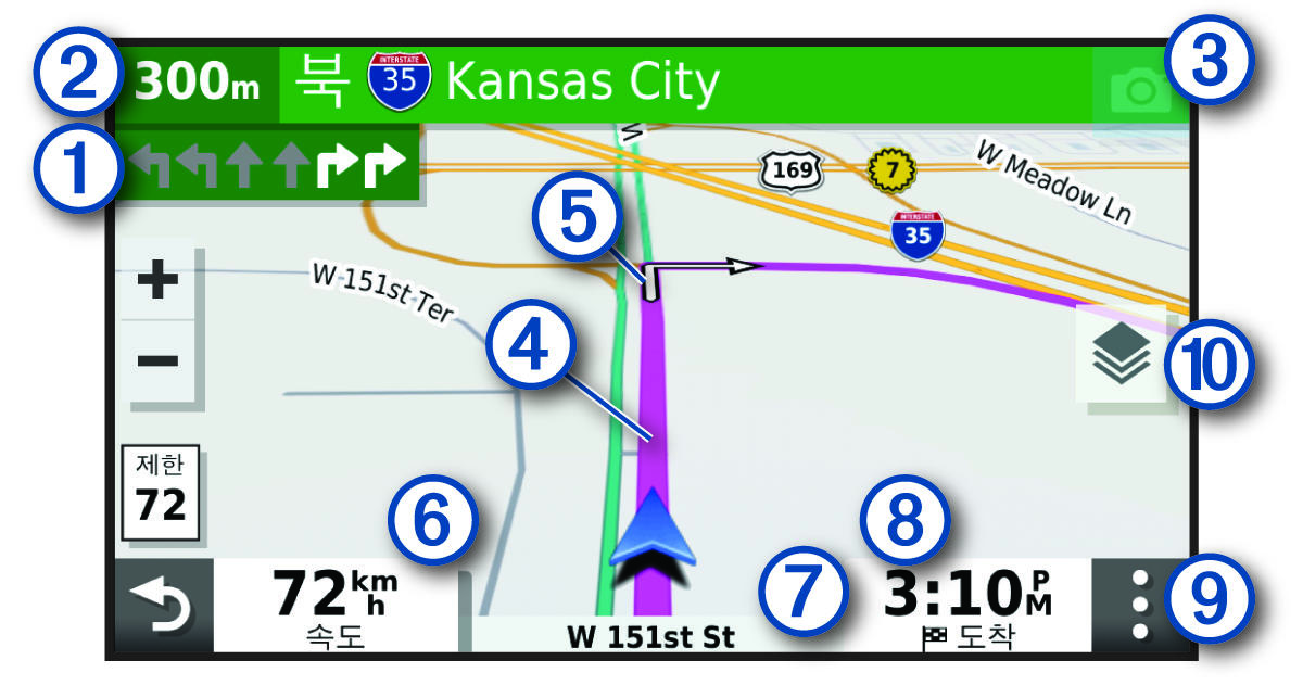 설명선이 있는 내비게이션 지도의 활성 루트