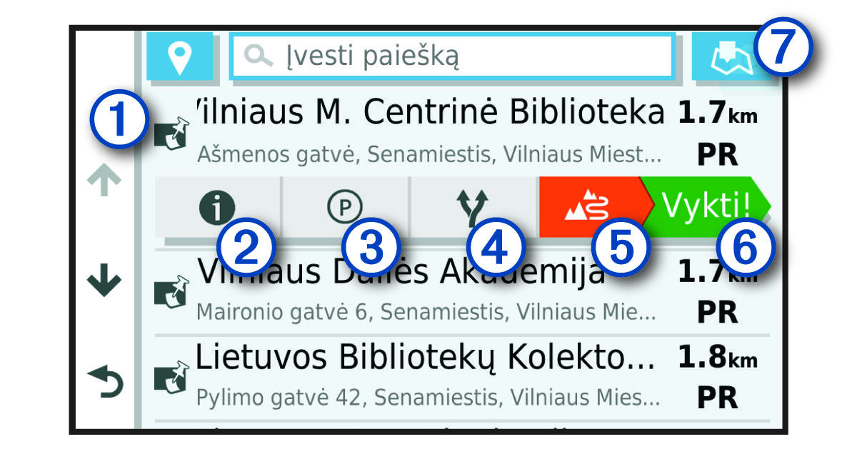 Atrašanās vietas meklēšanas rezultātu saraksts ar remarkām