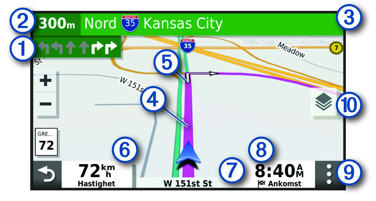 Aktiv rute på et navigasjonskart med merknader