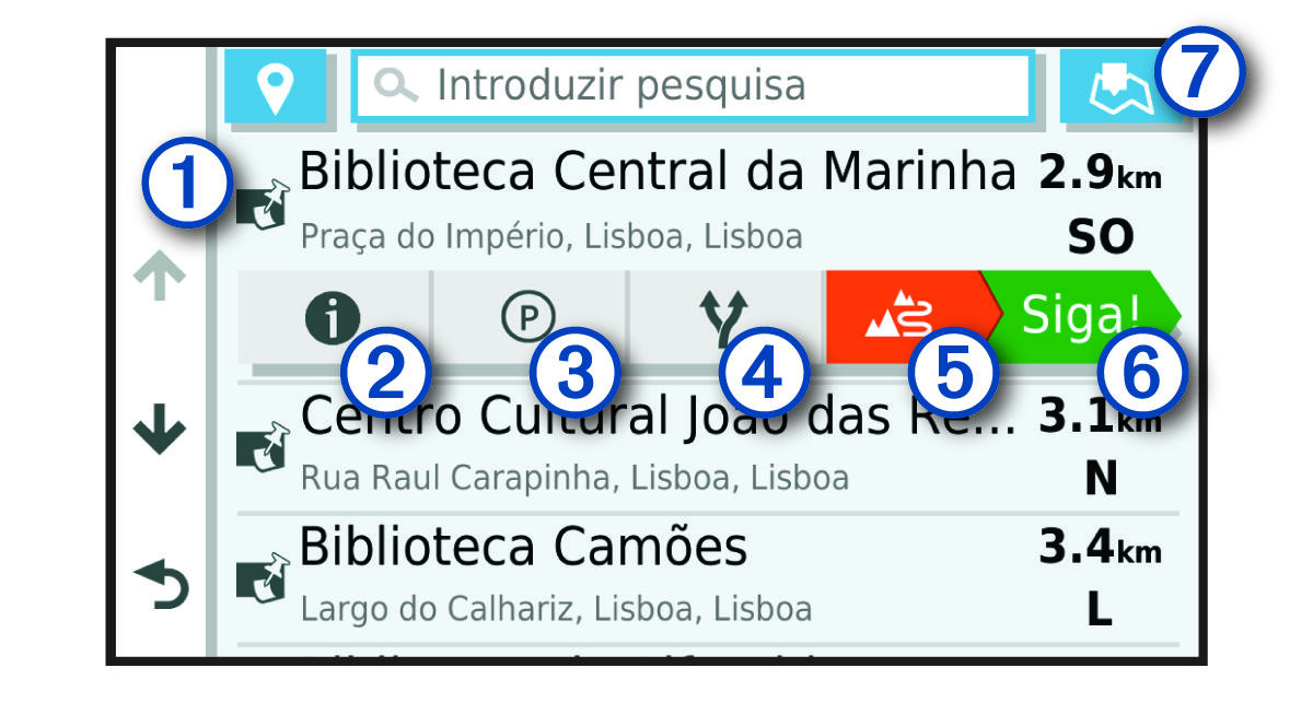 Lista de resultados de pesquisa de localizações com anotações
