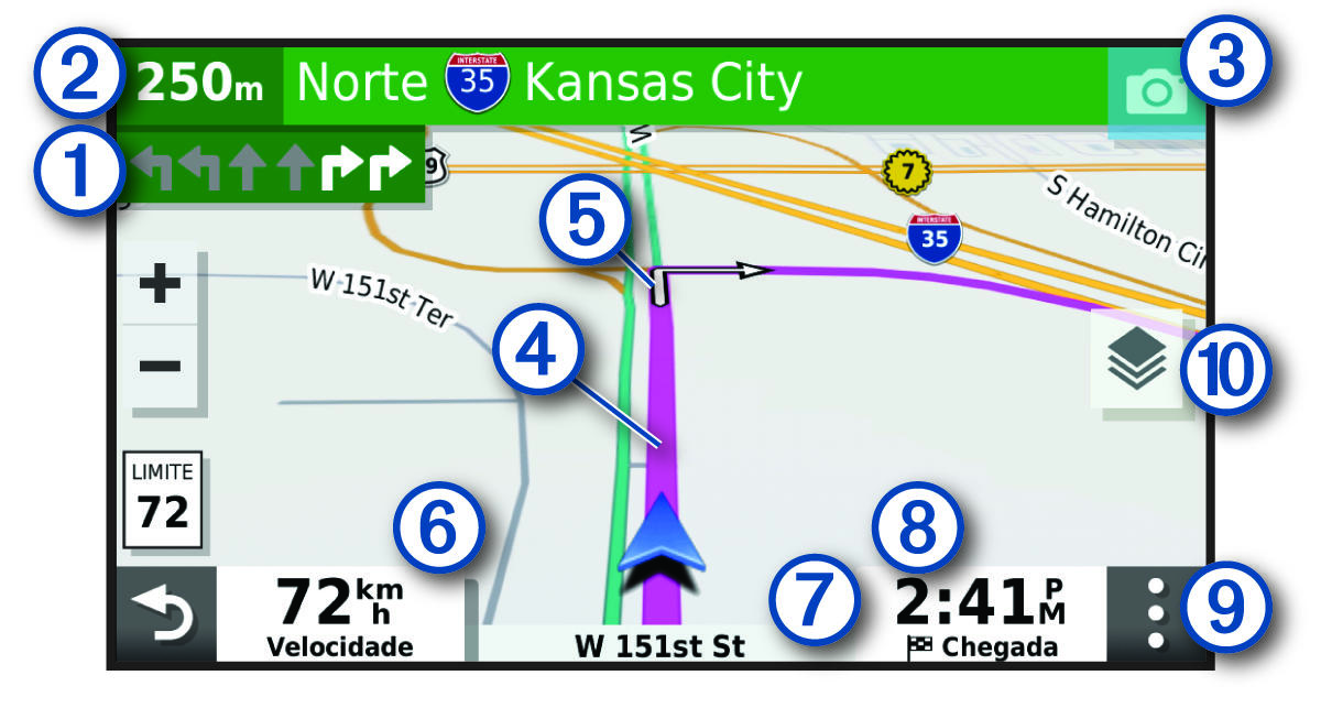 Rota ativa num mapa de navegação com anotações