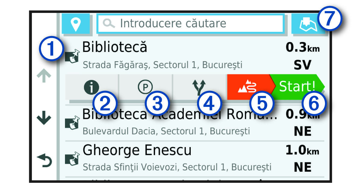 Listă cu rezultatele căutării unei locaţii, cu explicaţii