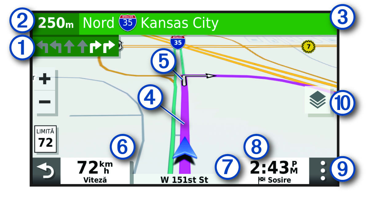 Rută activă pe o hartă de navigare, cu explicaţii