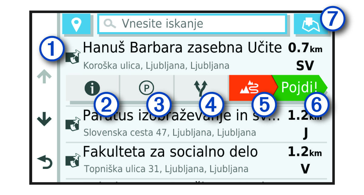 Seznam rezultatov iskanja lokacije z oblački