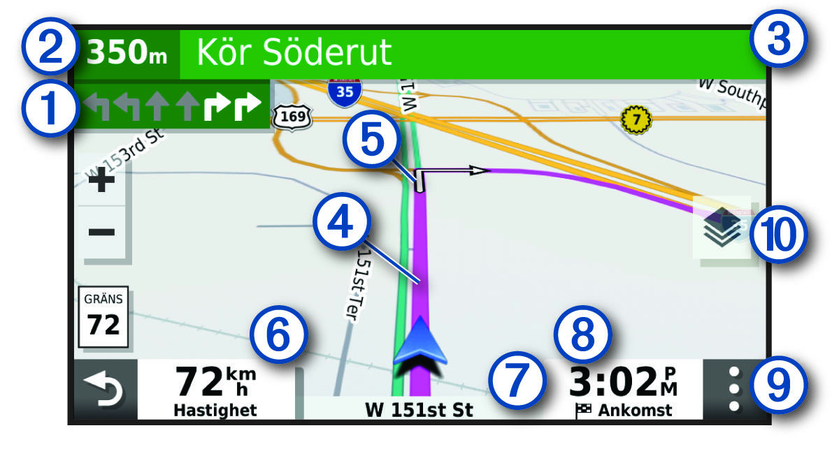 Aktiv rutt på en navigeringskarta med bildtexter
