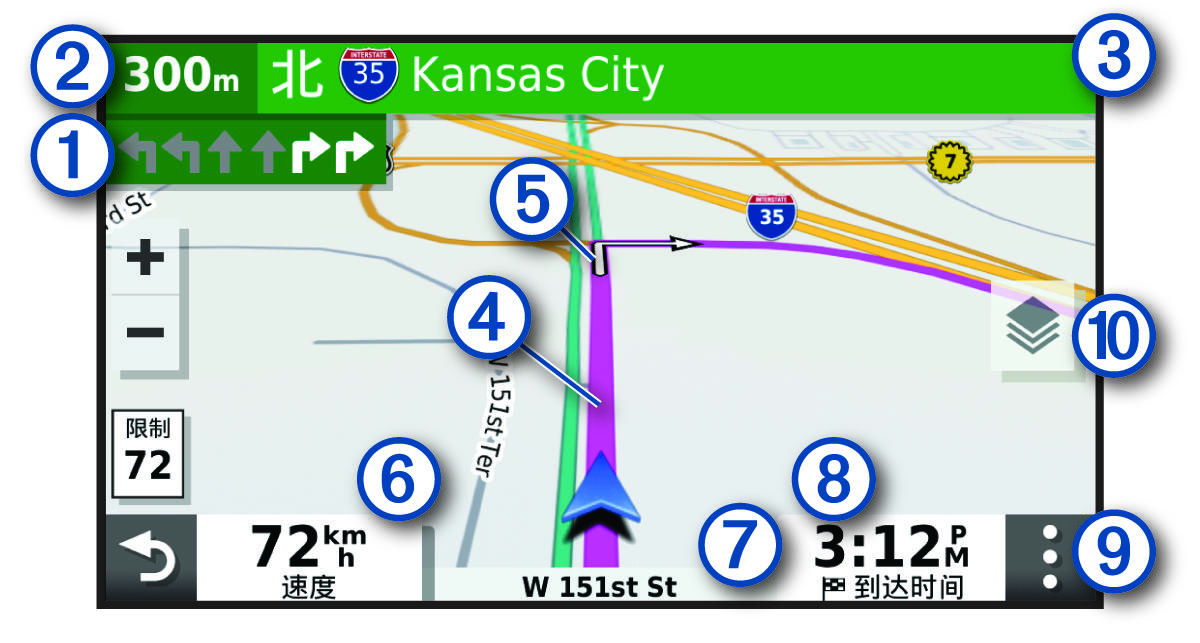 导航地图上的活动路线(带标注)
