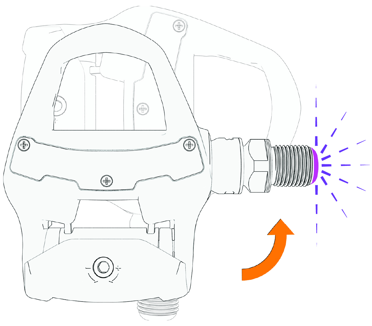 Pedal mit Gewinde zur Seite und violetter Status-LED