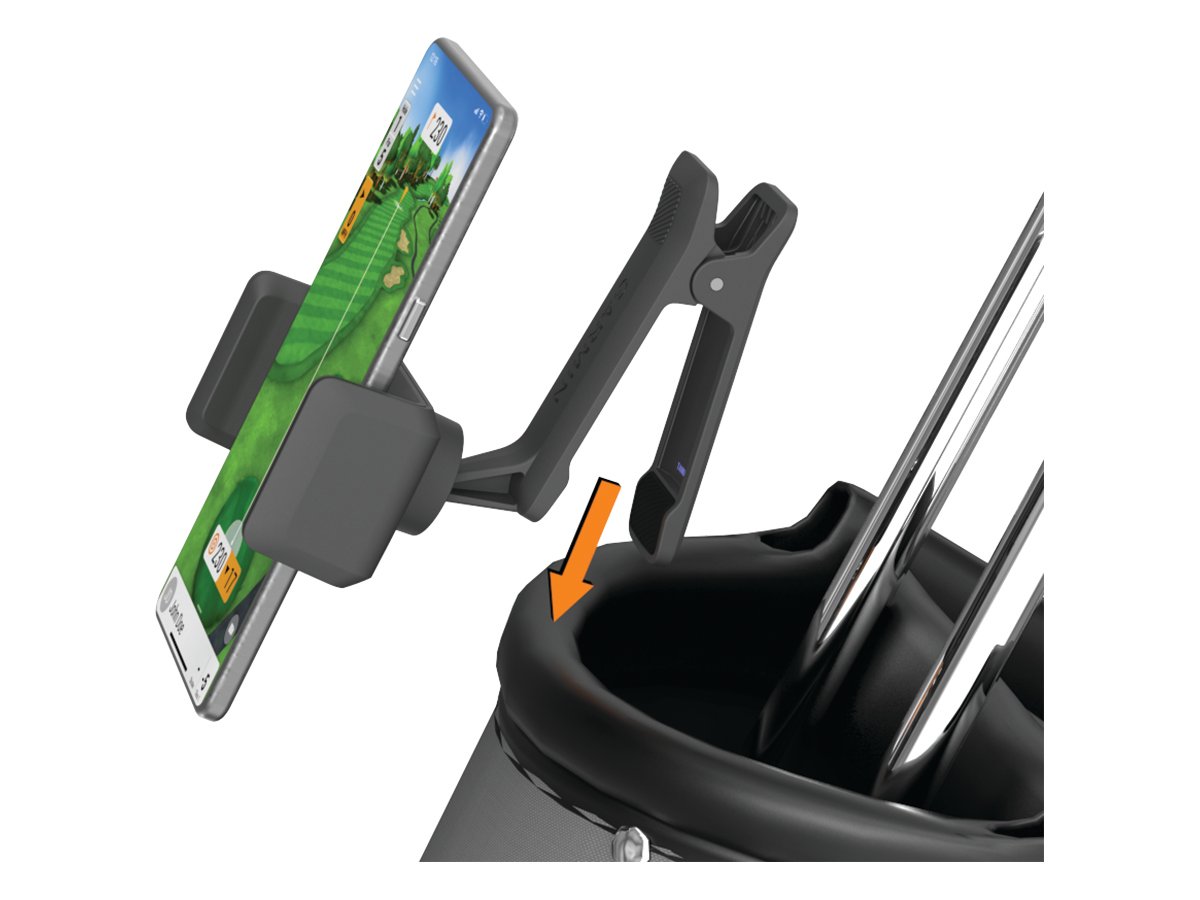 Diagram of the phone mount assembly being clipped to a bag