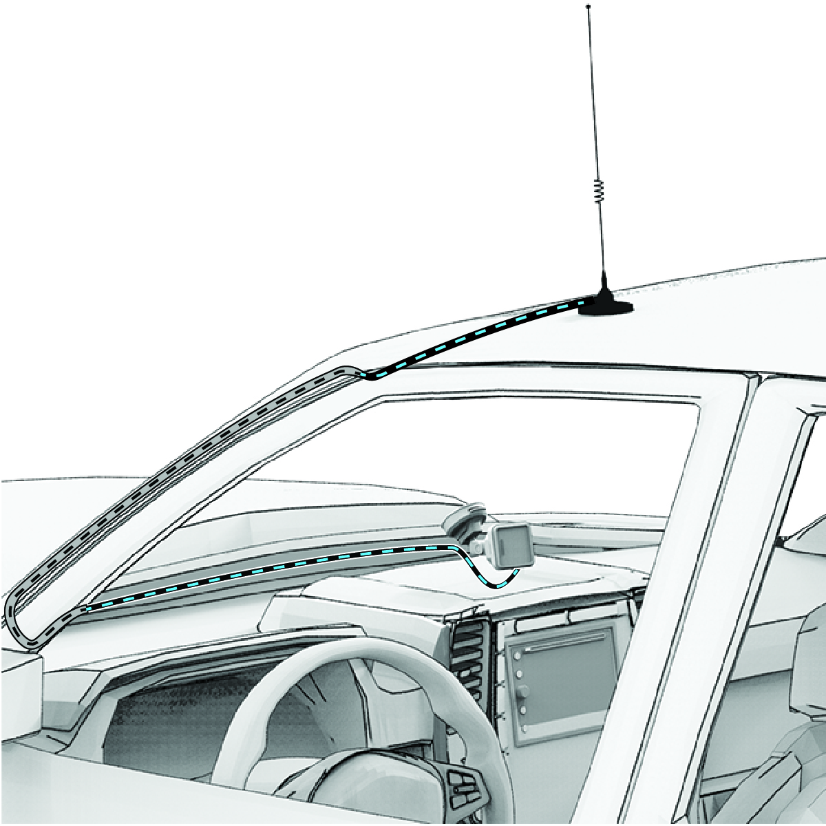 Antenna positioned on the roof of a vehicle